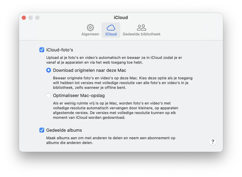 iCloud Fotos settings